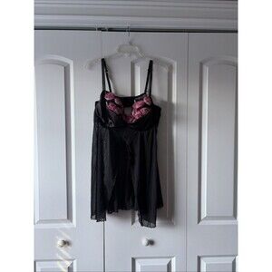Cacique Black Babydoll Flowers Nightie Lace Underwire Padded Size 22/24